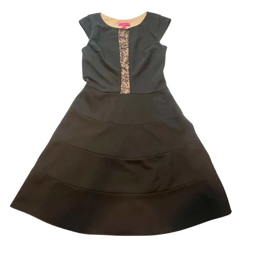 Betsy Johnson Cocktail Dress 10 Black Floral Lace Cap Sleeve Asymmetrical Flare - Picture 9 of 11